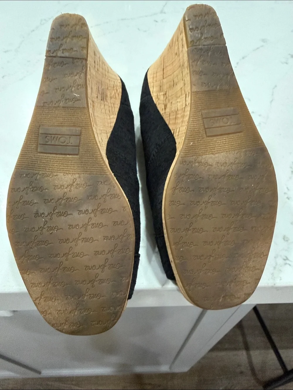TOMS Black Open-Toe Cork-Look Wedge Heels